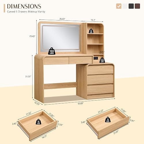 50” Modren Vanity Desk with Mirror and Lights with Charging Station Natural | Makeup Vanity with 35.43" Smart LED Mirror and 5 Drawers & Storage Shelves, Wooden Makeup Table for Women and Girls, Bedroom thumbnail 2