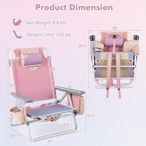 Giantex Folding Beach Chair, Patio Sling Chairs with 5 Adjustable Position, Head Pillow, Storage Bag, Towel Bar, Cup Holders, Backpack Chairs for Sunbathing, Camping Chair thumbnail 3