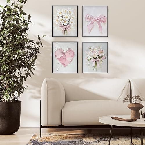 Locomiss Pink Vintage Floral Cute Bow Posters Wall Art Decor, Girly Wildflowers Bouquet Oil Painting Wall Art Decor for Teen Girl Bedroom Dorm Living Room Bathroom,Set of 4 (8x10 Unframed) thumbnail 3