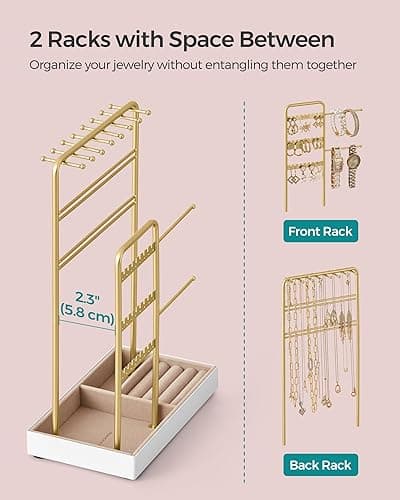 SONGMICS Jewelry Holder, Jewelry Organizer, Jewelry Display Stand with Metal Frame, Velvet Tray, Necklace Earring Bracelet Holder, for Studs, Rings, Gift Idea, Pale Gold UJJS021A01 thumbnail 5