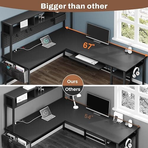 SEDETA L Shaped Gaming Desk, Reversible Computer Desk with Power Outlet and Pegboard, Gaming Desk with Led Lights, Keyboard Tray and Storage Bag for Home Office, Black thumbnail 8