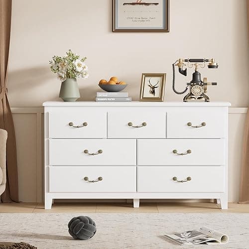 HOUROM Farmhouse 7 Drawer Dresser for Bedroom, Chest of Drawers with Antique Handles, Modern Wooden Dressers, Vintage Rustic Dresser Storage Organizer for Bedroom, White - White - 7 Drawer thumbnail 4