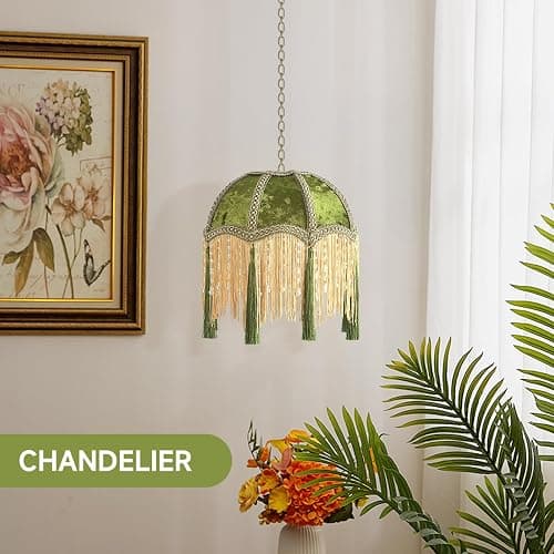 xiaojuande-Lampshade with tassels, Premium Classic Victorian, Style Bell Shape Scallop velvet top replacement lamp,9.8“Width 11.3”height(olive green) thumbnail 9