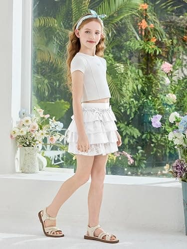 Girls Ruffle Tiered Mini Skirt Kids Cute Bowknot Lace Trim Lolita Skirts with Shorts 5-14 Years thumbnail 4