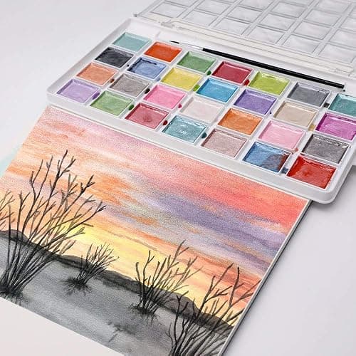Artecho 28 Metallic Watercolor Paint Set, Glitter Colors, Semi-Moist Pearlescent Water color, Ideal for Beginners and Artists thumbnail 5