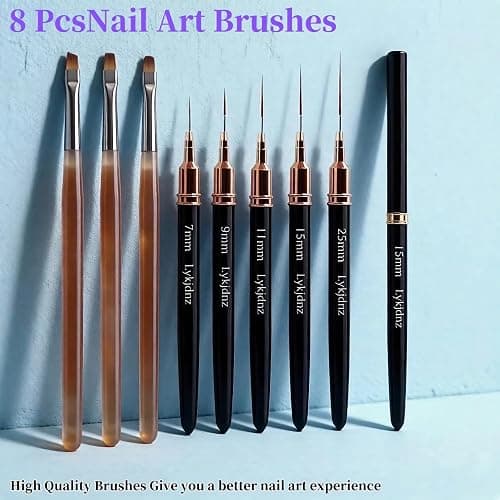 5Pcs Nail Art Liner Brushes, Liner Brush for Nails Gel, Thin Nail Art Brush, Sizes 7/9/11/15/25 mm, 3Pcs Nail Art Clean Up Brushes for Nail Design Painting DIY and Clean Polish Mistake On The Cuticles thumbnail 8