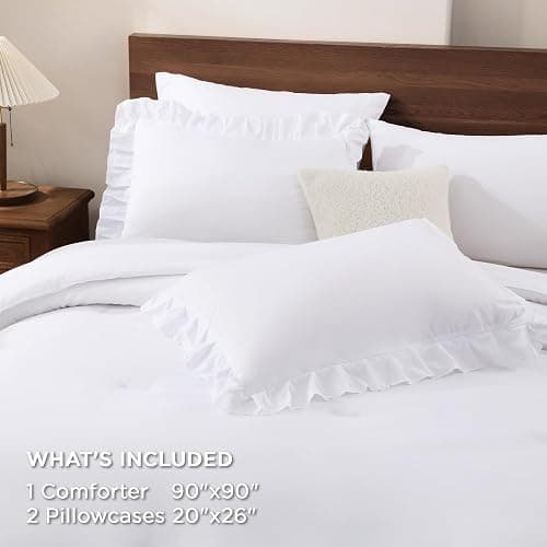 Andency White Comforter Set Queen Size, Lightweight Fluffy Farmhouse White Ruffle Bedding Set, Soft Microfiber All Season Shabby Chic Bed Comforter Set 3 Pieces(1 Ruffle Comforter 2 Pillowcases) thumbnail 7