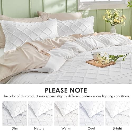 HYMOKEGE Twin Duvet Cover, Boho Tufted Twin Duvet Cover Set 3 Pieces, Soft & Lightweight Shabby Chic, Embroidery Bedding Set for All Seasons, 68" × 90" & 1 Pillow Sham, White thumbnail 7