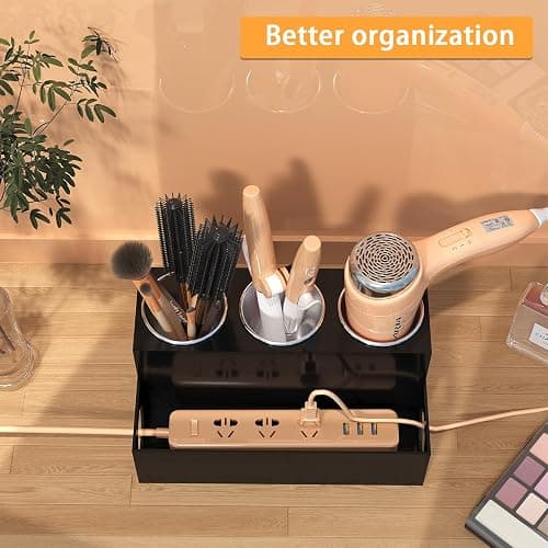 PITBVO Hair Tool Organizer, Black Acrylic Hair Dryer Holder with 3 Cups, Bathroom Supplies Countertop Blow Dryer Holder, Vanity Caddy Storage Stand for Accessories, Makeup, Toiletries thumbnail 2