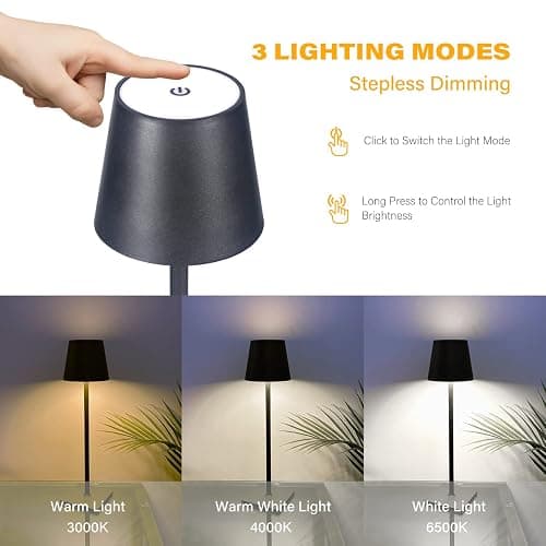 CHLORANTHUS 2 Pack Cordless Table Lamps, 3 Colors Stepless Dimming, 5000mAh Rechargeable Battery LED Desk Lamp for Bedroom/Couple Dinner/Desk/Cafe/Dining Room/Terrace thumbnail 2