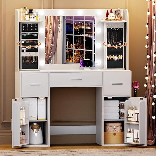 EasyCom Vanity Desk with Rotating Jewelry Organizers, Makeup Vanity with Mirror and Lights, Dressing Table with USB-C Charging Station, 3 Drawers and 2 Cabinets for Bedroom, Dressing Room, White - Image 1