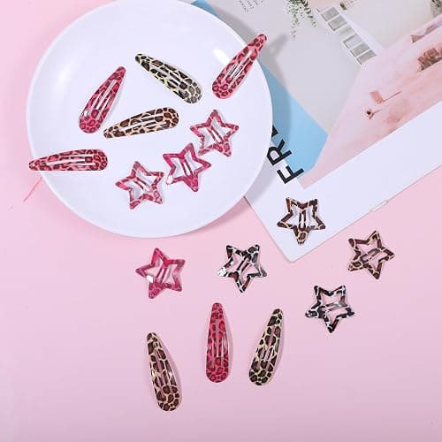 XLIUAX 16Pcs Metal Snap Hair Clips, Pink Leopard Print Hair Barrettes, Star & Water Drop Hairs Clip Non-Slip 2000s Aesthetic Hairs Accessories for Women Girls Thick Thin Styling Decorations thumbnail 5
