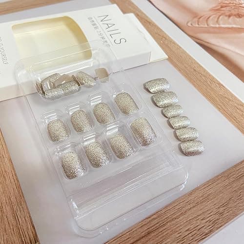 Glitter Press on Nails Square Short Fake Nail Full Cover Sparkly False Nails Acrylic Stick on Nails Reusable Shine Artificial Glue on Nail for Women 24Pcs thumbnail 4