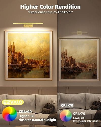 EZVALO Picture Light for Wall, 4800mAh Rechargeable Wireless Remote, 16in Dimmable Magnetic LED Art Display Light with 3 Color Temperatures, for Gallery, Living Room, Bedroom, Hallway (Gold) thumbnail 9