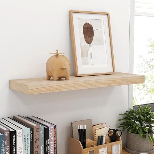 fuqing Natural Wood Floating Shelves for Wall - 24 Inch Wood Shelves Set of 2 - Natural Wooden Wall Shelves for Living Room Bedroom Home Office thumbnail 2