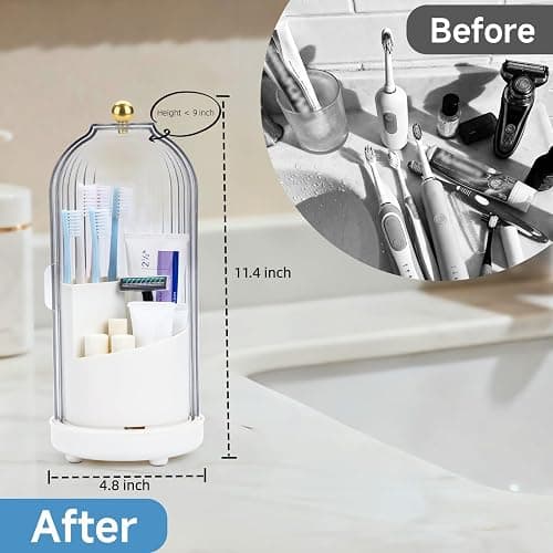 Johehe Toothbrush Organizer with Cover,3 Slots for Bathroom Toothbrush Holders with Lid,Dustproof Design,Rotating Holder,Ideal Makeup Brushes Holder for Bathroom Countertop Organization and Storage thumbnail 3
