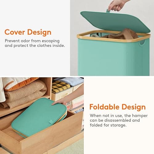 Lifewit 105L Large Laundry Basket with Lid, Removable Bags, Sage Green | Foldable Laundry Hamper with Bamboo Handles, Tall Laundry Bin, Dirty Clothes Hamper for Laundry Room, Bedroom, Bathroom, Dorm thumbnail 7