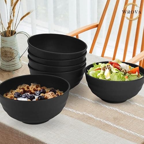 Wrova Wheat Straw Bowls Set 60 OZ Unbreakable Large Cereal Bowls Set of 6 Microwave and Dishwasher Safe Bowls Big Bowls for Camping and Picnic BPA Free Soup Bowl for Serving Oatmeal and Salad. Black thumbnail 2