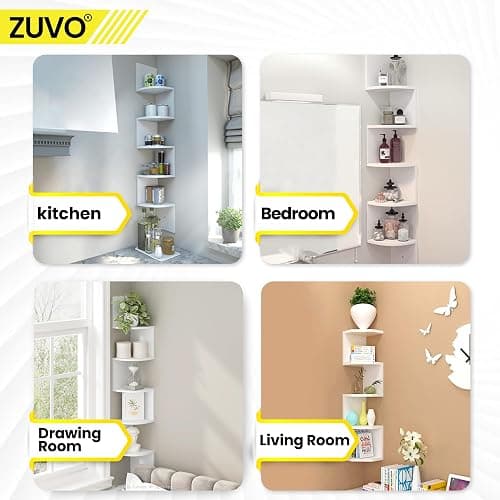 Zuvo White Corner Shelf 5-Tier - Floating Corner Shelves Wall Mounted | Zigzag Bookshelf for Bedroom, Living Room, Office | 20×20×127.5cm - Space-Saving Wall Shelf thumbnail 7