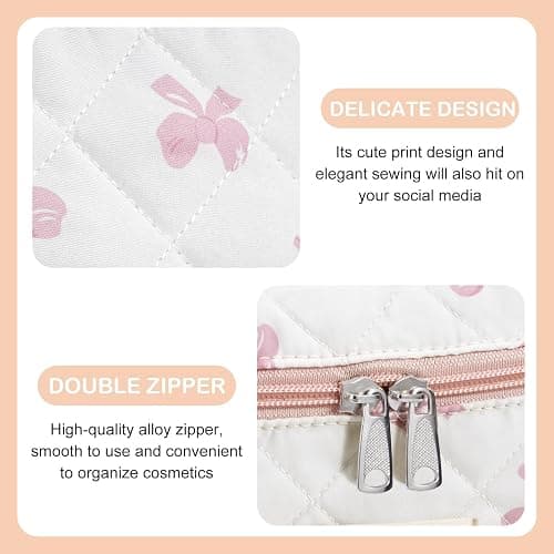 UYUUY Makeup Bag for Women 3PCS Quilted Cotton Make Up Bag Travel Cosmetic Bag Large Makeup Bag Set Cute Bow Makeup Bag Organizer Floral Toiletry Bag Makeup Pouch for Purse - White thumbnail 7