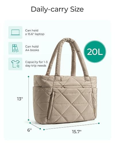 BAGSMART Tote Bag for Women, Puffy Tote Bag with Zipper, Large Quilted Shoulder Bag with Compartments for Travel, Work, Gym thumbnail 4