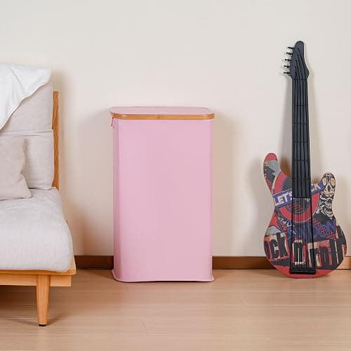 iEGrow 65L Slim Laundry Hamper, Narrow Laundry Basket with Lid,Foldable Clothes Hamper with Bamboo Handles,Hamper Basket with Removable Inner Bag for Laundry Room Bedroom College Dorm,17.17 Gals Pink thumbnail 6