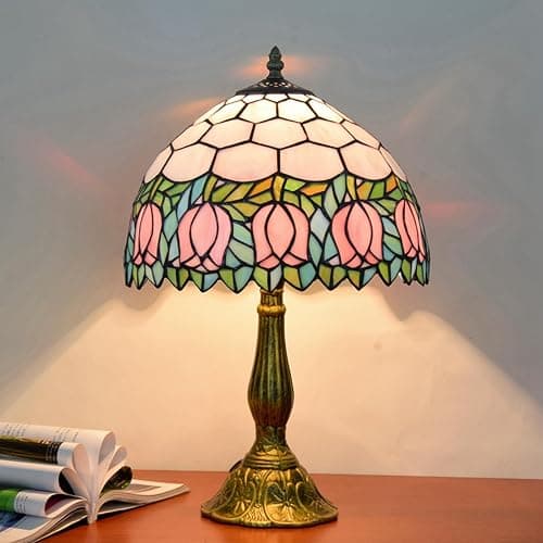 Blivuself Tiffany Lamp Stained Glass Lamp Pink Tulip Bedroom Table lamp Reading Desk Light for Bedside Living Room Office Dormitory Dining Room Decorate Housewarming Gift 12X12X18 Include Light Bulb thumbnail 2
