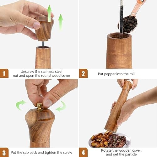 Wooden Salt and Pepper Grinder Set,Manual Salt and Pepper Mill,Acacia wood Salt Grinder Refillable,Pepper Mill with Adjustable Coarseness,Salt and Pepper Shakers Tableware Gifts 10" 2PCS thumbnail 4