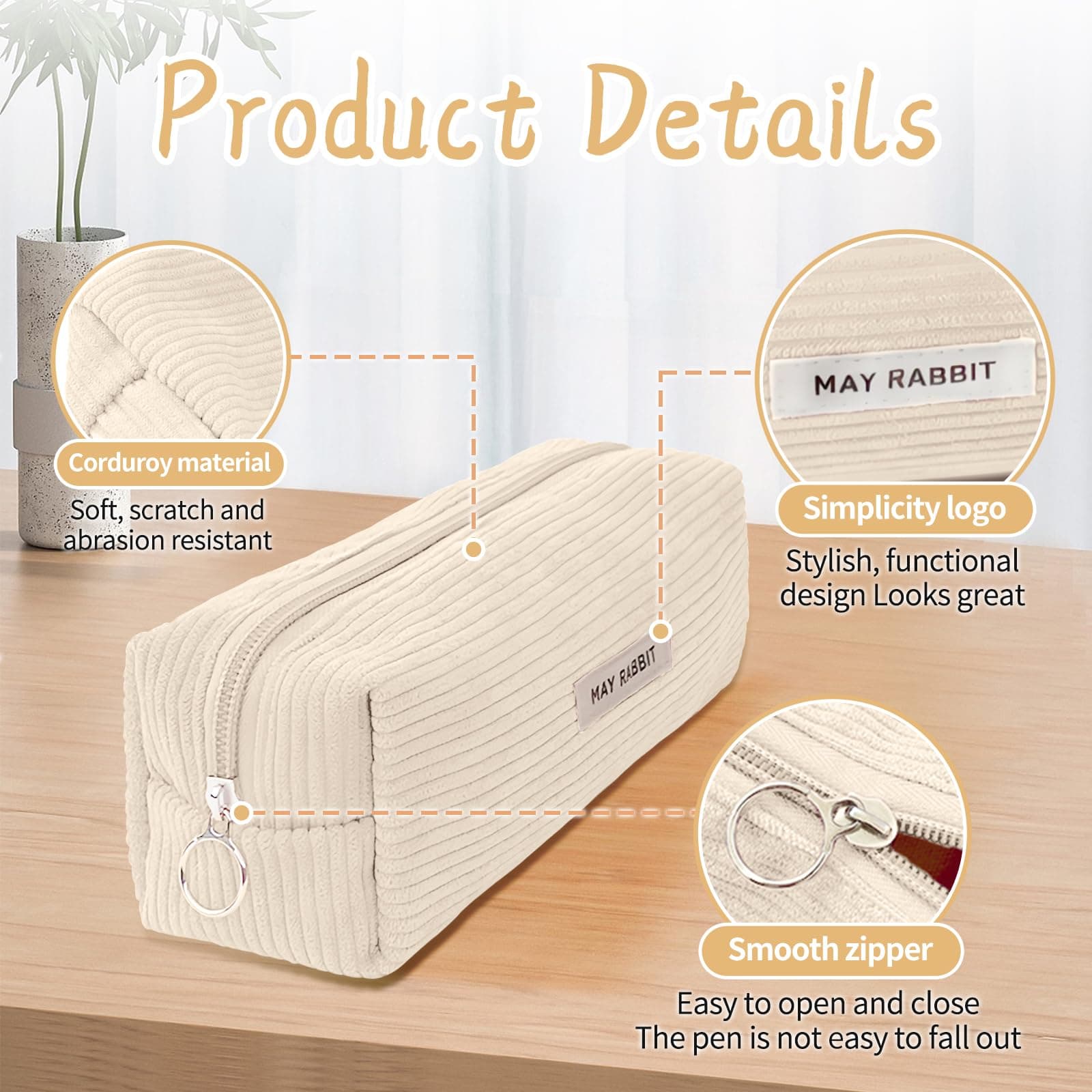 Electri-HQ Pencil Case Corduroy Portable Ribbed Pencil Case with Practical Zip for School, Home and Office, Light, cream, Simplicity thumbnail 5