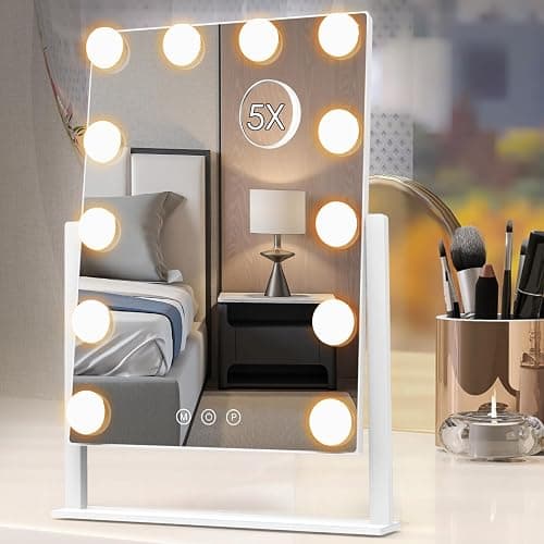 Dirket Vanity Mirror with Lights, Hollywood Lighted Makeup Mirror with 3 Color Lighting Modes and 12 Dimmable Bulbs, Detachable 5X Magnification, Smart Touch Control, 360°Rotation, White - Image 1