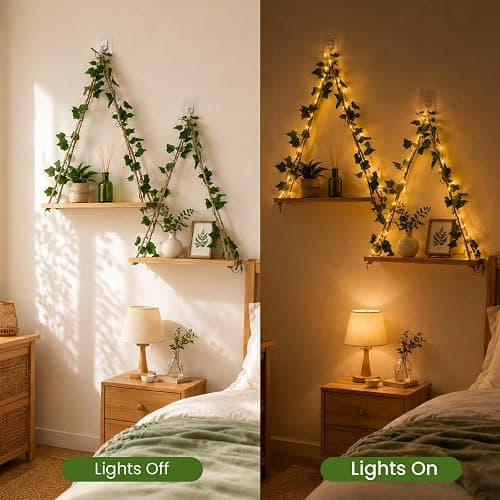 RICHER HOUSE Macrame Floating Shelves for Wall No Drilling, Boho Hanging Shelf with Artificial Ivy and LED Lights, Plant Wall Decor for Living Room Bedroom Dorm thumbnail 7