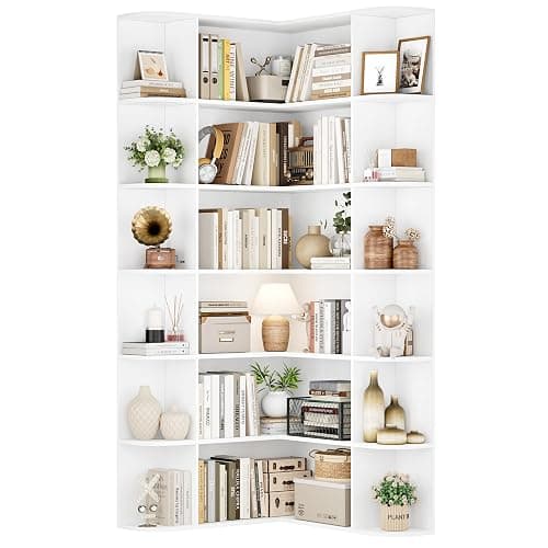 FOTOSOK 74” Tall Corner Bookshelf, 6-Tier Bookshelf and Bookcase with Open Storage, L Shaped Tall Bookcases Wooden Storage Shelves for Home Office, Thickened Boards for Better Load Bearing, White thumbnail 6