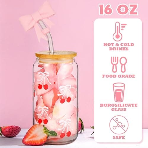 Skylety Set of 2 Coquette Bow Glass Cup 16oz Pink Bow Glass Cup with Lids and Straws Reusable Pink Bow Silicone Straw Toppers Lids Protectors 2 Brush for Drinking Coffee Tea Cocktail (Cherry Bow) - Pink - Cherry Bow thumbnail 4
