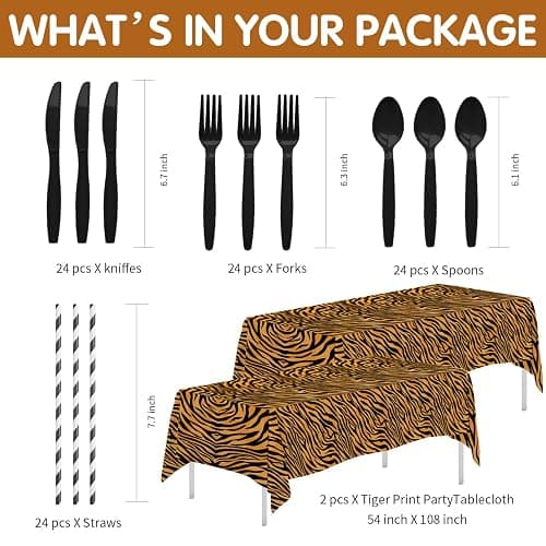 Xenorik Tiger Print Birthday Party Supplies Decorations Tableware Serves 24 | Safari Jungle Texture Theme Tiger Animal Print Party Decorations, Disposable Paper Plate, Cup, Napkin, Cutlery, Tablecloth thumbnail 4