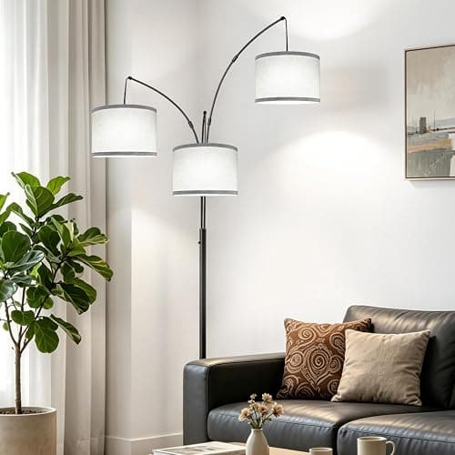 Dimmable Floor Lamp, 3 Lights Black Arc Floor Lamp, Modern Tall Standing Tree Lamp with Grey Linen Shades & Heavy Base, 3000LM LED Bulbs, Bright Lighting for Living Room, Bedroom, Office & Reading thumbnail 7