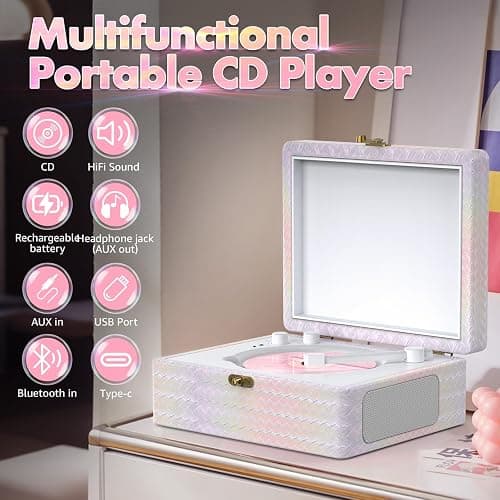 CD Player Portable with Speakers Bluetooth Desktop Knit Retro CD Player for Home Rechargeble Battery Small Vintage CD Player with Bluetooth Input, USB Playback, AUX in, Headphone Jack, Remote Control thumbnail 2