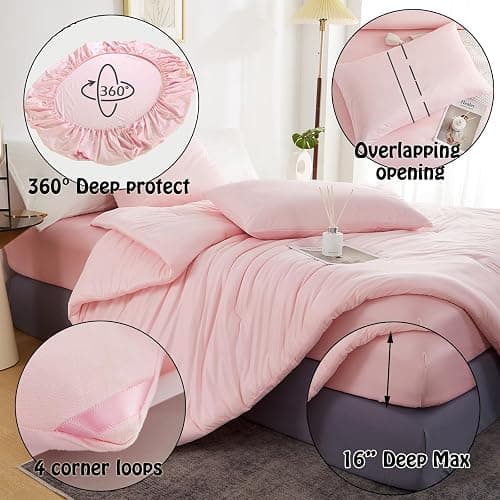 Doimier King Size Comforter Set with Sheets, 4 PCS Super Soft Marshmallow Comforter, Pink Bed Set (1 Fluffy Comforter 1 Deep Pocket Fitted Sheet 2 Pillow Shams), Lightweight for All Seasons thumbnail 5