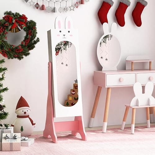 CHARMAID Kids Mirror Jewelry Cabinet - 45" Standing Jewelry Armoire with Full Length Mirror, Bunny Shaped Vanity Dressing Mirror for Girls, Kids Jewelry Organizer with Storage Drawers (White) - White thumbnail 2