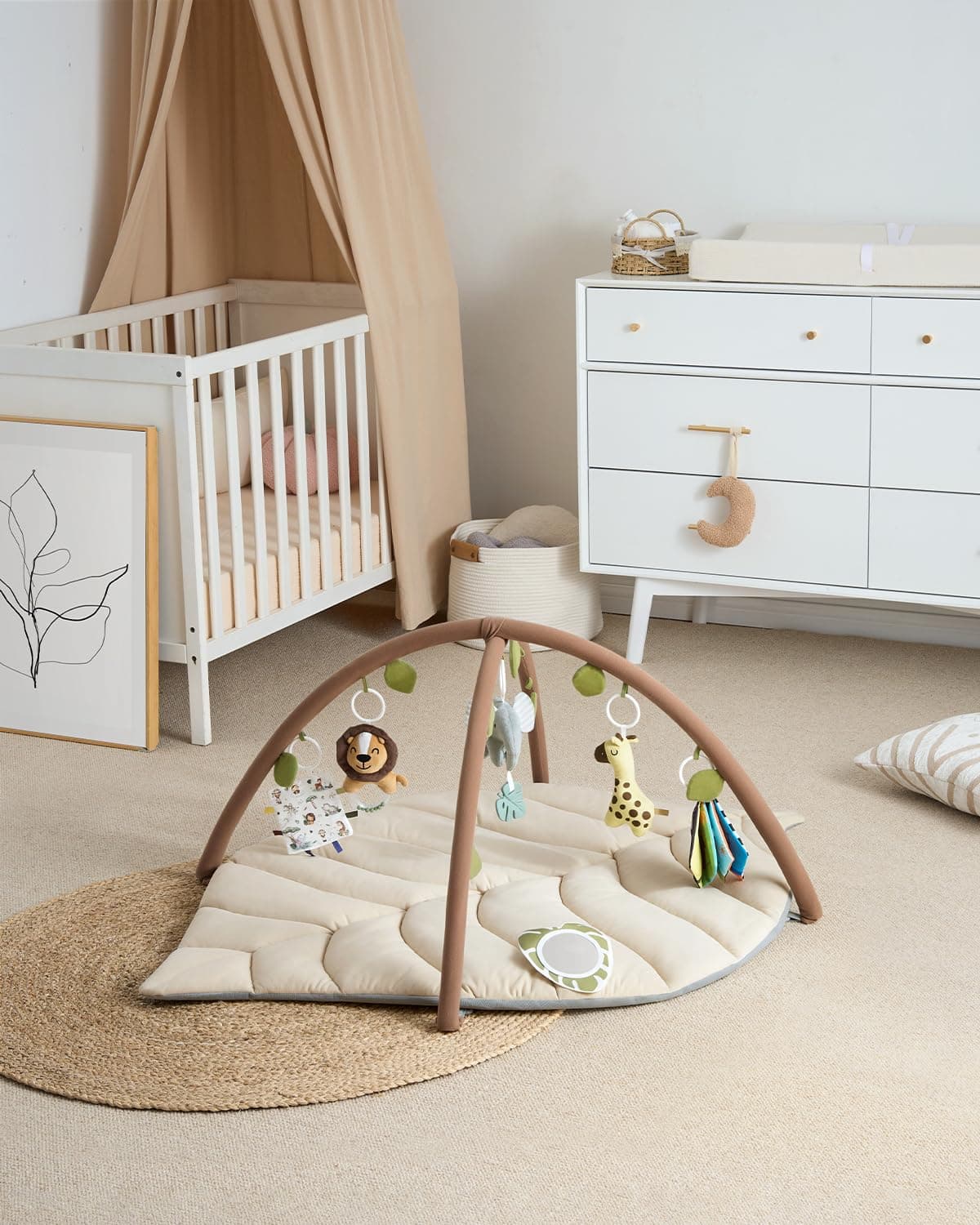 Blissful Diary Baby Play Gym & Activity Mat, Leaf Shaped Baby Tummy Time Play Mat with 6 Detachable Toys, Promotes Motor Skills & Sensory Development, Oatmeal Beige thumbnail 7