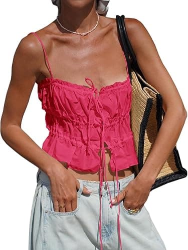 Tankaneo Womens Summer Tie Front Crop Tops Cute Ruffle Ruched Spaghetti Strap Tank Tops Y2K Going Out Shirts - Image 1