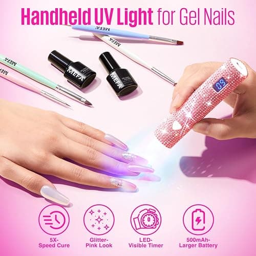 MEFA UV Light for Gel Nails, Pink Glitter Handheld Nail Lamp Visible LED Timer Touch Screen, Cordless Nail Light for Gel Nail Polish Stickers Strips, Gifts for Women thumbnail 8