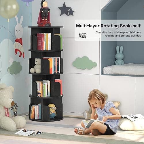 Aheaplus Rotating Bookshelf, 360 Revolving Bookshelf Tower for Small Space, 4 Tier Floor Standing Bookcase Storage Rack, Wood Narrow Book Shelf Organizer for Bedroom, Living Room, Study Room, Black thumbnail 6