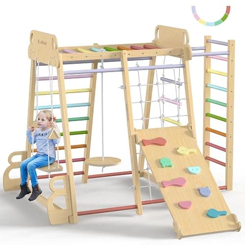 BlueWood Upgraded Indoor Jungle Gym 9-in-1 Playground Kids Climbing Toys, Waldorf Style Wooden Climber Playset with Slide, Swing, Monkey Bars, Upright/Rope Ladder, Climb Net, Rainbow - Image 1
