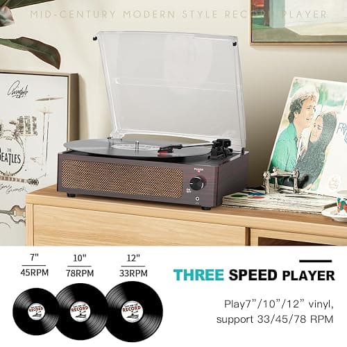 Vintage Record Player with Speakers Turntable for Vinyl Records Belt-Driven Turn Table 3-Speed Full Size Wireless Playback Headphone AUX-in RCA Line LP Vinyls Players Auto Stop Wood Red thumbnail 2
