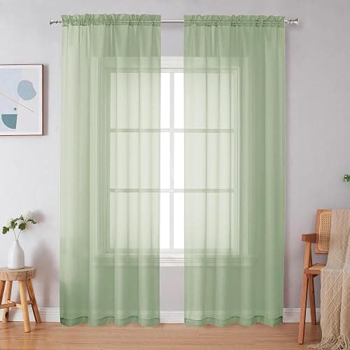 Simplebrand Light Green Sheer Curtains 84 Inches Long 2 Panels, Light Filtering Rod Pocket Solid Color Window Sheer Curtain Panels, Elegant Curtains & Drapes for Living Room, Bedroom, 42" W x 84" L - Image 1