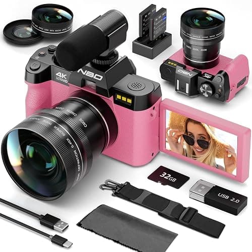 NBD 5K 64MP Digital Cameras for Photography with Dual-Lens WiFi | Vlogging Point and Shoot Camera Kit for Beginners,with 180° Flip Screen,16X Zoom,32GB Card,2 Batteries(PINK) - Image 1