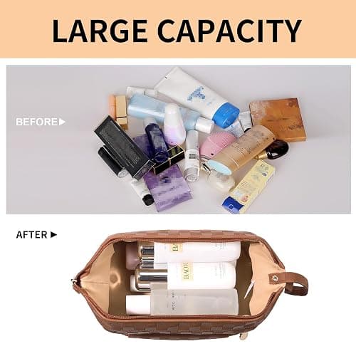 Abiudeng Large Capacity Makeup Bag Ladies Cosmetic Bag Travel Bag with Compartments Portable PU Leather Travel Makeup Bag with Handle thumbnail 4