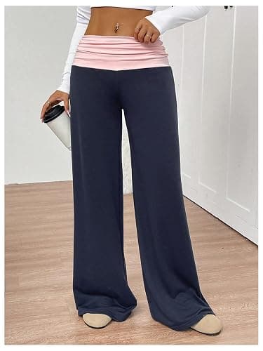 SOLY HUX Women's Sweatpants Color Block Low Rise Fold Over Waist Baggy Wide Leg Pants thumbnail 4