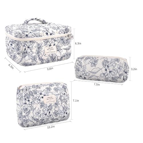 GISMTR 3Pcs Cotton Quilted Makeup Bag Large Travel Cosmetic Bag Coquette Makeup Pouch Cute Aesthetic Floral Toiletry Bag for Women Girls (flower-D) thumbnail 3