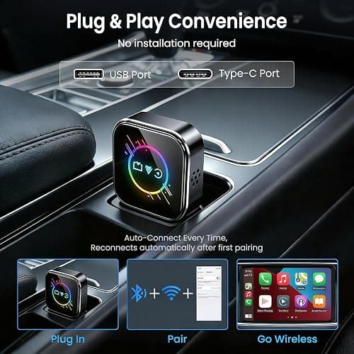 ELECROW Wireless CarPlay Adapter for iPhone＆Android - 3 in 1 Dual Band WiFi 2.4G/5G & Bluetooth 5.3 Airplay Mirror Link CarPlay Dongle with USB-A/Type-C Port, Plug & Play, OTA Update thumbnail 3
